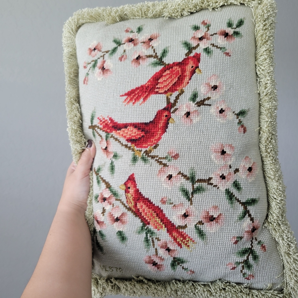 Cross stitch needlepoint multicolored wool cardinals on blossom branch pillow
